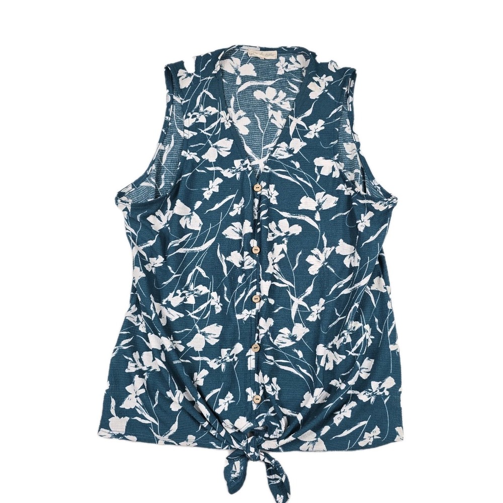 Joie De Vivre Women's Size Large Green‎ Floral Sleeveless Tie Front Top